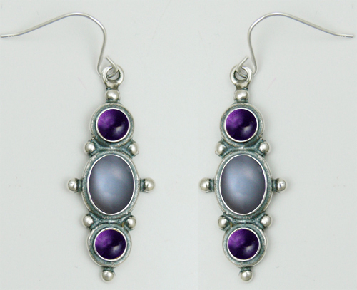 Sterling Silver Drop Dangle Earrings With Grey Moonstone And Amethyst